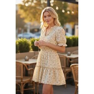 🌼 Cream Floral Ruffle Mini Dress – Size Medium 🌼